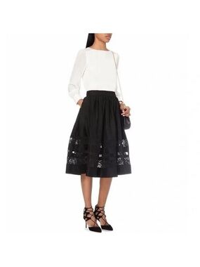 Alice + Olivia Black Lace-Trim Midi Skirt